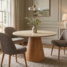 Mese dining - Masa rotunda Ceramica travertin, Furnir stejar, UNIQUE 120cm