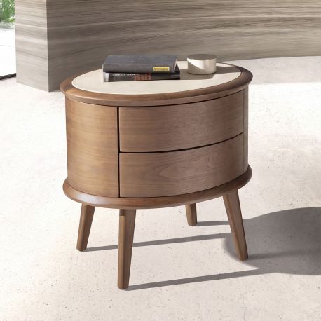 Noptiere - Noptiera LUX din lemn furniruit si piele Walnut
