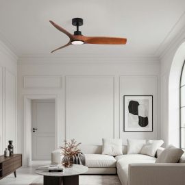 Lustre cu ventilator - Lustra LED cu Ventilator si telecomanda HOVER D-132cm negru/ lemn inchis