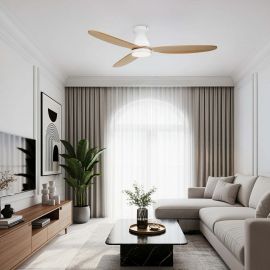 Lustra LED cu Ventilator si telecomanda NELLY D-132cm alb/ lemn natur