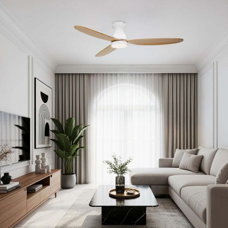 Lustre cu ventilator - Lustra LED cu Ventilator si telecomanda NELLY D-132cm alb/ lemn natur
