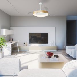 Lustre cu ventilator - Lustra LED cu ventilator palete retractabile NISEKO L alb/ lemn