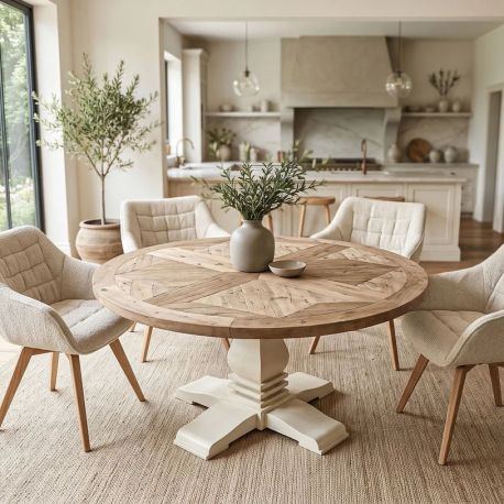 Mese dining - Masa rotunda HAMPTONS 120cm, lemn masiv de pin reciclat