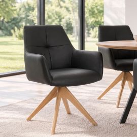 Scaune - Scaun pivotant lemn de stejar, piele naturala neagra ALMARA