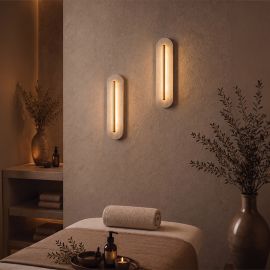 Aplice, corpuri de iluminat pentru pereti - Aplica de perete din travertin si metal auriu LED VETRO