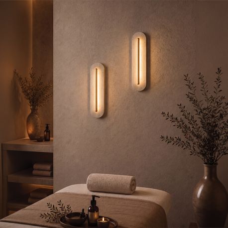 Aplice, corpuri de iluminat pentru pereti - Aplica de perete din travertin si metal auriu LED VETRO