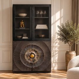Vitrina design vintage GOLDEN SUNSET 180cm lemn negru/ auriu