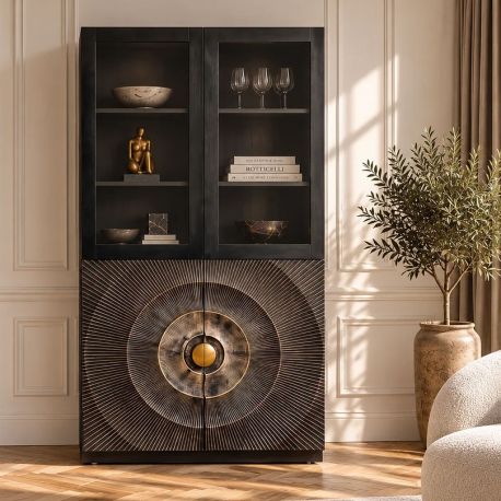 Vitrine - Vitrina design vintage GOLDEN SUNSET 180cm lemn negru/ auriu