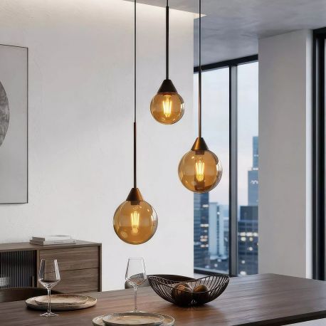 Pendule, Lustre suspendate - Lustra cu 3 pendule, Opus Lux, Sticla Amber si Metal Bronz, LED CCT