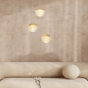 Lustra aurie cu 3 pendule LED, glob acrilic transparent cu efect de cristal