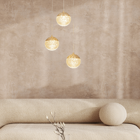 Pendule, Lustre suspendate - Lustra aurie cu 3 pendule LED, glob acrilic transparent cu efect de cristal