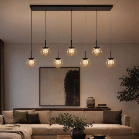 Pendule, Lustre suspendate - Lustra cu 7 pendule LED, Solis, Sticla Efect Champagne si Metal Bronz