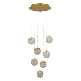 Pendule, Lustre suspendate - Lustra aurie cu 7 pendule LED, glob acrilic transparent cu efect de cristal