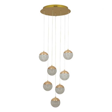 Pendule, Lustre suspendate - Lustra aurie cu 7 pendule LED, glob acrilic transparent cu efect de cristal