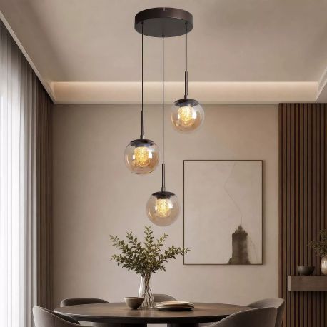 Pendule, Lustre suspendate - Lustra cu 3 pendule LED, Solis, Sticla Efect Champagne si Metal Bronz