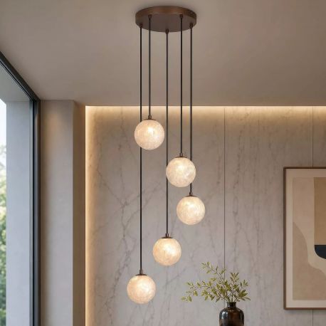 Pendule, Lustre suspendate - Lustra cu 5 pendule, globuri de sticla mata, Frosty