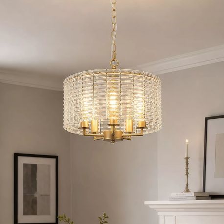 Pendule, Lustre suspendate - Lustra suspendata Flute 5Lt, metal auriu, sticla transparenta