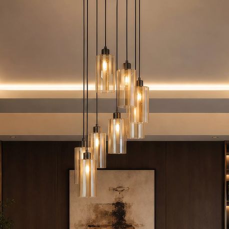 Pendule, Lustre suspendate - Lustra cu 8 Pendule bronz cu sticla sampanie Kent