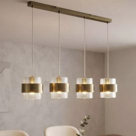 Pendule, Lustre suspendate - Lustra cu 4 pendule din metal alama antic si sticla canelata Royal