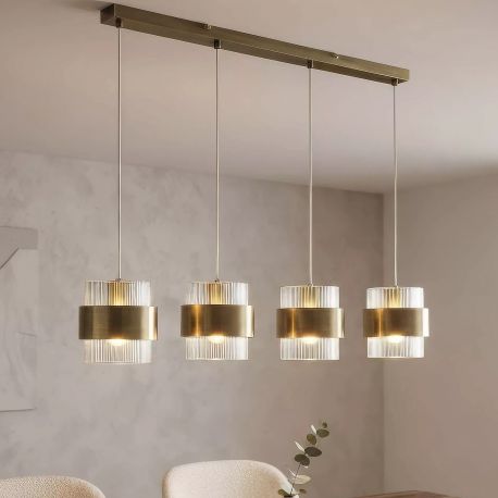 Pendule, Lustre suspendate - Lustra cu 4 pendule din metal alama antic si sticla canelata Royal