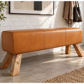 Bancheta din lemn si piele Turnbock 120cm