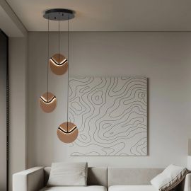 Pendule, Lustre suspendate - Lustra cu 3 pendule LED metal negru cu sticla champagne, HALLEY