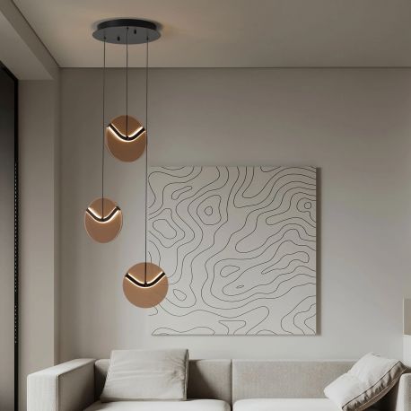 Pendule, Lustre suspendate - Lustra cu 3 pendule LED metal negru cu sticla champagne, HALLEY