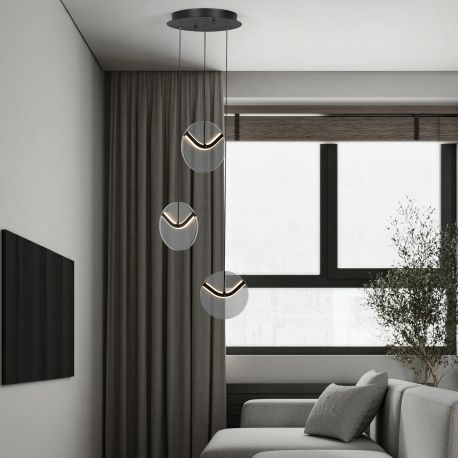 Pendule, Lustre suspendate - Lustra cu 3 pendule LED metal negru cu sticla fumurie, HALLEY