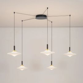 Pendule, Lustre suspendate - Lustra cu 5 pendule LED alama aurie si sticla alba, DIAZ