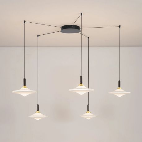Pendule, Lustre suspendate - Lustra cu 5 pendule LED alama aurie si sticla alba, DIAZ
