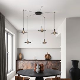 Pendule, Lustre suspendate - Lustra cu 5 pendule LED alama aurie si sticla fumurie, DIAZ