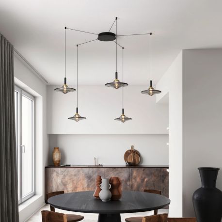 Pendule, Lustre suspendate - Lustra cu 5 pendule LED alama aurie si sticla fumurie, DIAZ