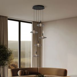 Pendule, Lustre suspendate - Lustra cu 5 pendule LED alama aurie si sticla fumurie, DIAZ