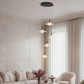 Pendule, Lustre suspendate - Lustra cu 5 pendule LED alama aurie si sticla alba, DIAZ