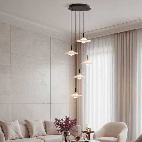 Pendule, Lustre suspendate - Lustra cu 5 pendule LED alama aurie si sticla alba, DIAZ