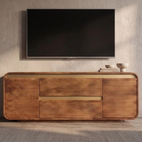 Comode - Comoda TV MONZA 160cm lemn de mango ondulat si detalii aurii