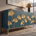 Comoda turcoaz din lemn de mango cu frunze de ginkgo aurii GINKGO 160cm