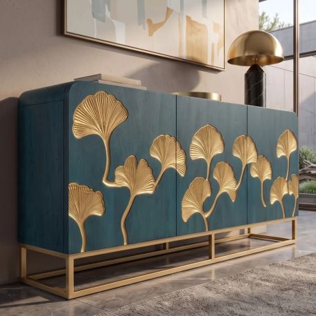 Comode - Comoda turcoaz din lemn de mango cu frunze de ginkgo aurii GINKGO 160cm