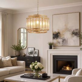 Candelabre, Lustre - Lustra suspendata din metal auriu si tije din sticla, 5Lt Premium